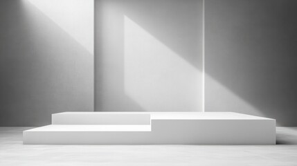Minimalist white geometric platform with two steps illuminated by natural diagonal light on a smooth gray wall background creating calm ambiance