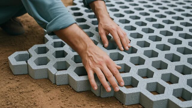 Sustainable engineering work installing interlocking concrete grid pavers soil for durable eco friendly ground reinforcement and long lasting