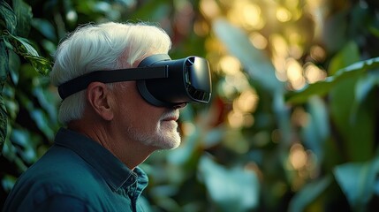 Fototapeta premium elderly man with white hair and beard wearing virtual reality headset in a lush green environment with soft sunlight