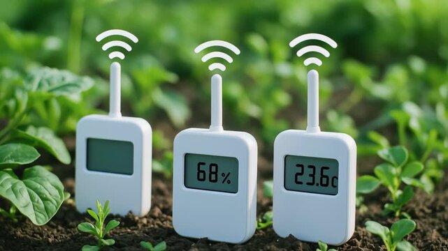 Wireless sensor device monitors soil humidity and temperature for sustainable engineering work supporting efficient plant growth agriculture fields