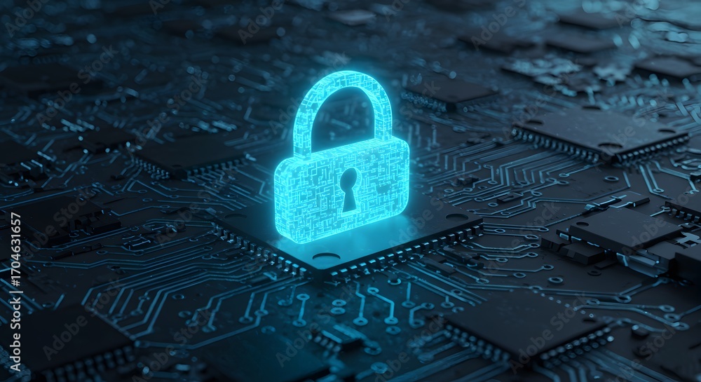 Aufkleber digital security and network protection concept featuring a luminous blue padlock on a computer micr