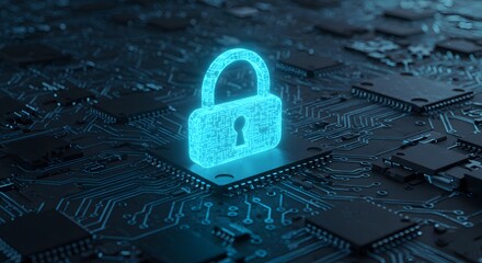Digital security and network protection concept featuring a luminous blue padlock on a computer microchip