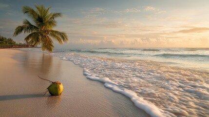 Serene Sunrise - Coconut Palm and Gentle Waves on Tropical Beach.