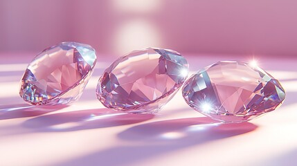 Fototapeta premium Three Oval - Cut Shiny Diamonds on Soft Pink Background