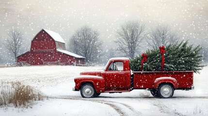 Red vintage pickup truck carrying a Christmas tree with red bows through a snowy rural landscape near a red barn under a gray winter sky with falling snowflakes