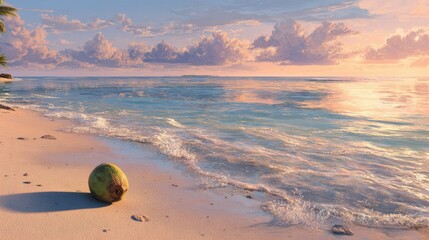 A Lone Coconut Rests on a Sandy Shore During a Serene Pastel Sunrise.