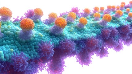 Fototapeta premium Close-up 3D illustration of a biological membrane with complex protein structures and molecular formations in vibrant colors