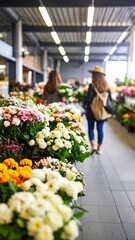 Women browsing vibrant flower market with colorful blooms