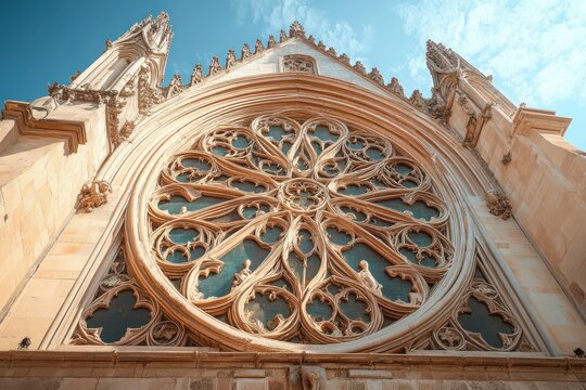 Ornate circular stained glass window with intricate stone tracery on a historic cathedral facade under bright blue sky - Powered by Adobe