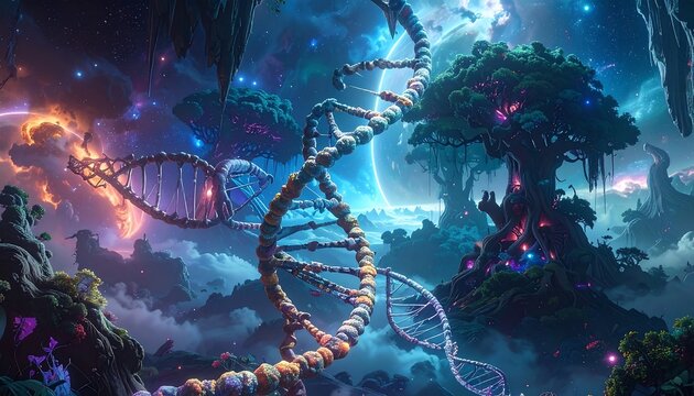 Surreal celestial landscape with a giant DNA helix winding through fantastical floating islands, trees, and planets