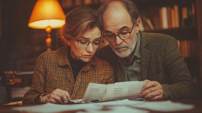 Worried senior couple reviewing documents