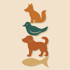 Minimalist Abstract Animal Silhouettes of Dog, Fox, Bird and Fish in Modern Flat Style Vector Illustration