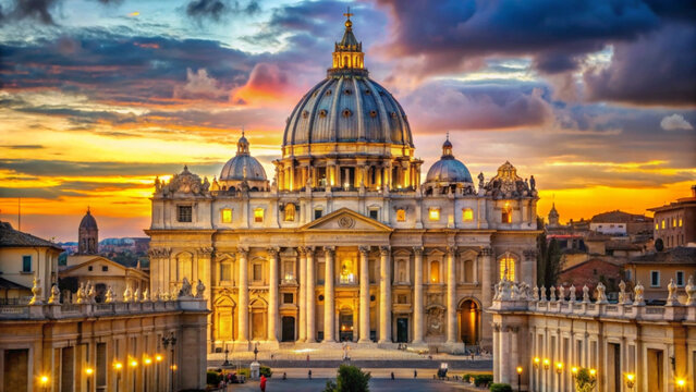 vatican city skyline at sunset with st peter s basilica illuminated