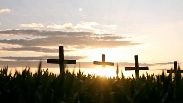close up christian crosses against the sunset upcoming in slow motion
