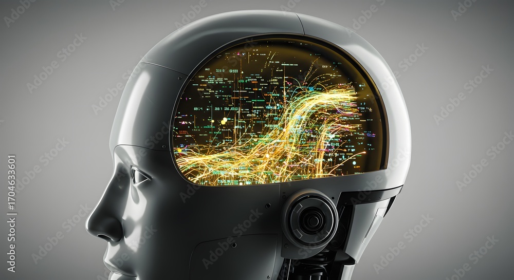 Poster futuristic humanoid robot head with a transparent skull revealing a glowing digital neural network, 