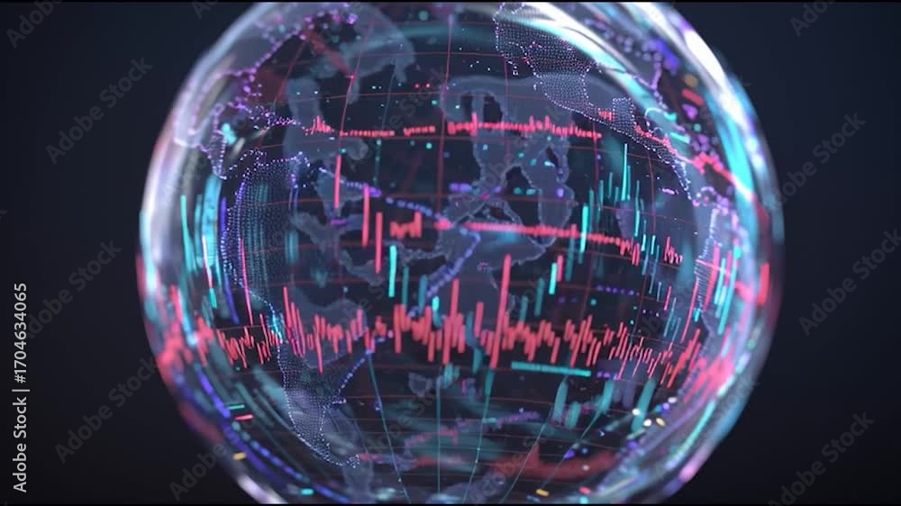 Poster a futuristic globe displaying vibrant data patterns and graphs, symbolizing technology and global co