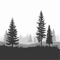 Obraz premium Glade in taiga. Coniferous forest with firs and pines. Landscape with trees and grass. Silhouette picture. Isolated on white background. Vector.