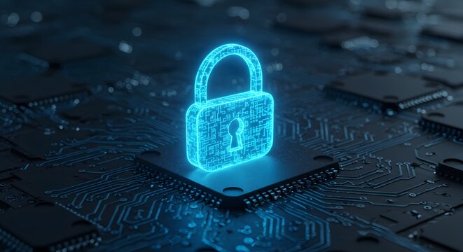 Cybersecurity concept showing a glowing blue padlock icon over a computer microprocessor, symbolizing digital data protection and network security