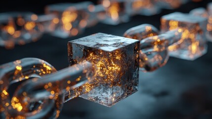 Frozen Chain Link - Abstract Cubes in a Fiery, Transparent Chain.