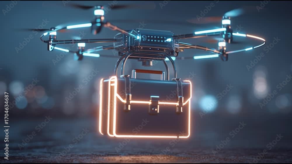 Poster a drone with a glowing delivery case hovering in a futuristic urban environment, showcasing advanced
