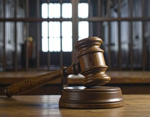 Wooden gavel on table in historic courtroom setting