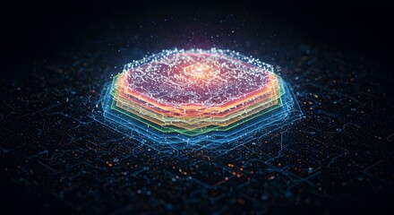 Vibrant digital matrix with a multilayered hexagonal processor representing technological innovation and connectivity