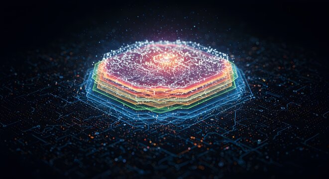 Vibrant digital matrix with a multilayered hexagonal processor representing technological innovation and connectivity