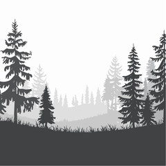 Fototapeta premium Glade in taiga. Coniferous forest with firs and pines. Landscape with trees and grass. Silhouette picture. Isolated on white background. Vector.