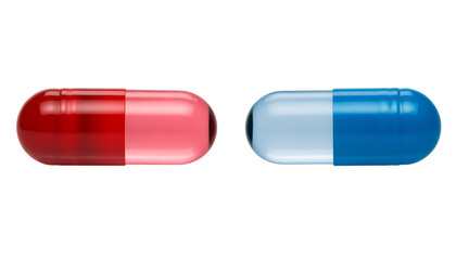Two Pharmaceutical Capsules One Red And One Blue pill medicine Cutout PNG isolated on a transparent background