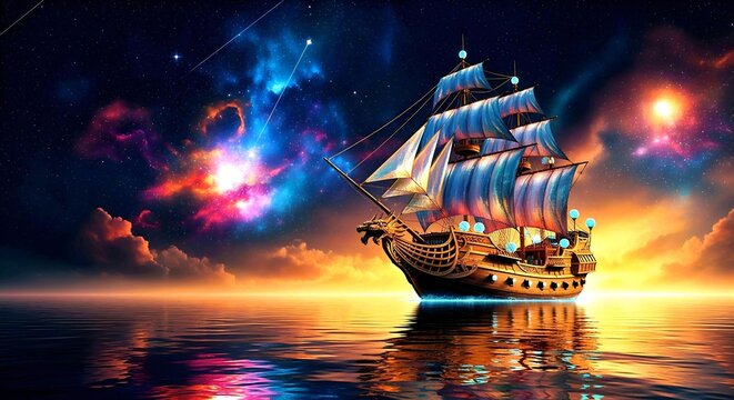 Celestial Voyager: Dragon Ship Sailing a Cosmic Nebula Sea