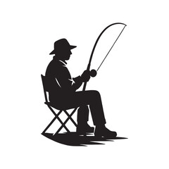 Silhouette of a fisherman sitting on a folding chair patiently waiting for a catch with his rod and reel enjoying a peaceful day of angling