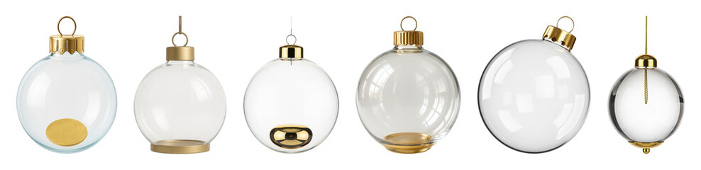 Clear Christmas ornament set including spherical and egg shapes with various gold caps isolated. Holiday decoration and festive design elements.