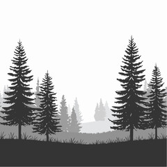 Fototapeta premium Glade in taiga. Coniferous forest with firs and pines. Landscape with trees and grass. Silhouette picture. Isolated on white background. Vector.