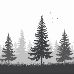 Obraz premium Glade in taiga. Coniferous forest with firs and pines. Landscape with trees and grass. Silhouette picture. Isolated on white background. Vector.
