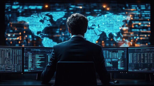 Man in suit sitting in front of multiple computer screens displaying data and a large digital world map with glowing points representing global connections - Powered by Adobe
