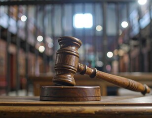 Wooden gavel resting on a circular base in a courtroom