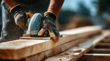 Close-up view of a person using a circular saw on lumber.