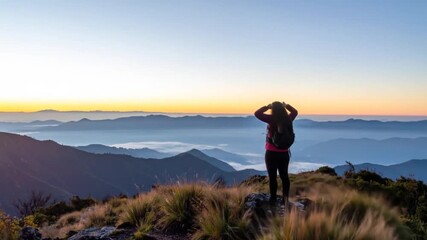 Triumphant Woman Celebrating Achievement on a Mountain Peak at Sunrise