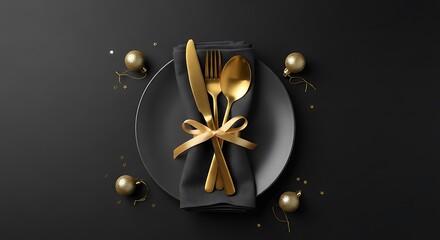 Elegant Gold Flatware on Black Table Setting.