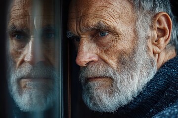 Portrait of an elderly man with a white beard and blue eyes gazing pensively through a window, reflecting a somber and contemplative mood