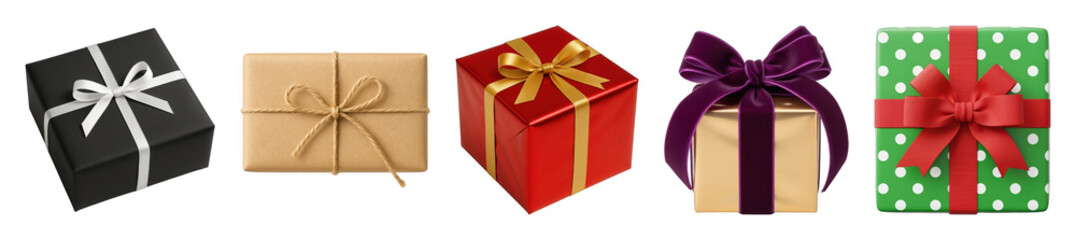 Obraz premium Gift box set including black, kraft, red, gold, and green polka dot designs isolated. Holiday celebration and retail collection.