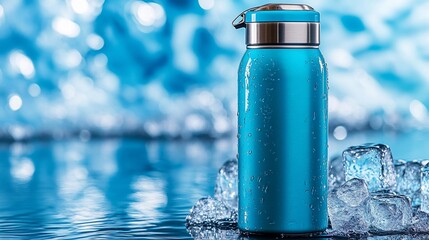 Blue insulated water bottle on ice