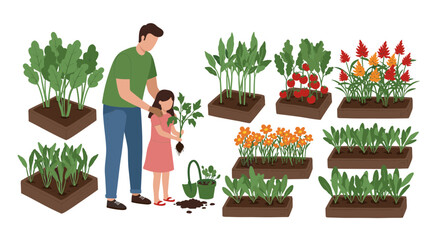 Father and Daughter Planting Flowers and Vegetables in a Garden Flat Pixel Illustration