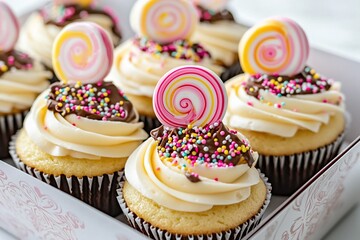 Box of vanilla cupcakes topped with swirls of frosting, chocolate drizzle, colorful sprinkles, and lollipop