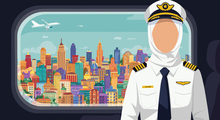 Obraz premium Pixelated Pilot In Uniform Posing With City View Through Airplane Window During Daytime