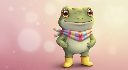 Cute cartoon frog wearing scarf and boots