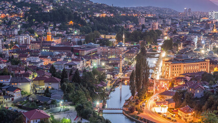 City view of Sarajevo from most popular panoramic spot in Sarajevo day to night timelapse.