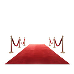A red carpet with rope barriers on a black background view
