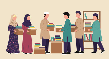 Fototapeta premium Group Of People Holding Books Near A Bookshelf In A Flat Illustration With Beige Background