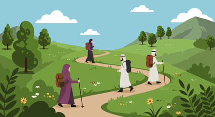 Pixel Art Illustration Of People Hiking On A Winding Path Through Green Rolling Hills Under A Blue Sky With Clouds